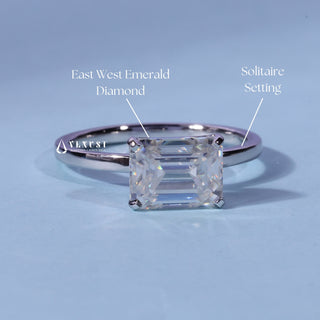 Solitaire Moissanite East West Emerald Cut Ring with centre stone measurement details