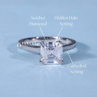 Emerald Cut Hidden Halo Moissanite Engagement Ring setting and band details