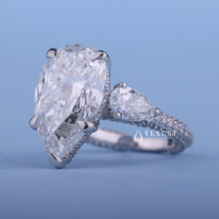2.50CT Pear Moissanite Diamond Hidden Halo Pave Three Stone Engagement Ring