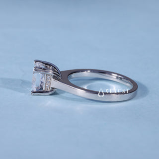 Angled view of Emerald Cut Hidden Halo Moissanite Engagement Ring