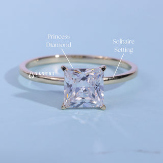 Solitaire Princess Cut Moissanite Engagement Ring with centre stone measurement details