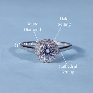 Round Cut Solitaire Moissanite Engagement Ring with Halo setting and band details