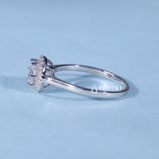 Angled view of Round Cut Solitaire Moissanite Engagement Ring with Halo