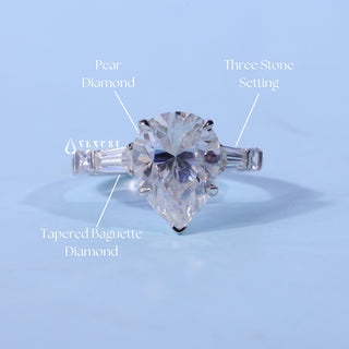 Pear Cut Three Stone Moissanite Ring with centre stone measurement details