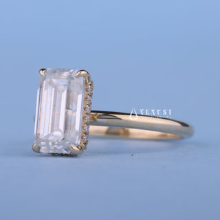 0.70CT Emerald Cut Moissanite Diamond Hidden Halo Solitaire Engagement Ring