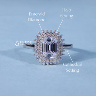 Moissanite Emerald Cut Engagement Ring with Halo Cluster setting and band details