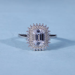 Moissanite Emerald Cut Engagement Ring with Halo Cluster front view
