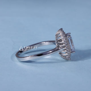 Side profile of Moissanite Emerald Cut Engagement Ring with Halo Cluster