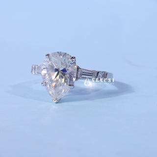 Top view of the Pear Cut Three Stone Moissanite Ring centre stone