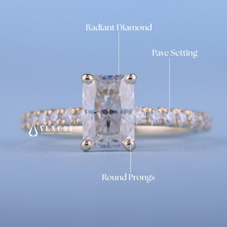 Vintage 1.0ct radiant pave moissanite ring close up of the setting
