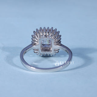 Rear gallery view of Moissanite Emerald Cut Engagement Ring with Halo Cluster