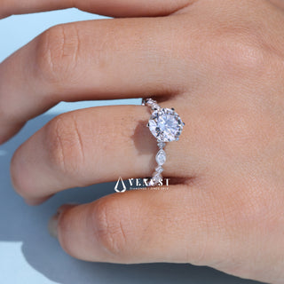 Modern 1.0ct round cluster moissanite ring detail view of the band