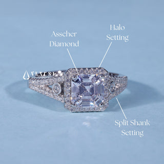Asscher Cut Moissanite Split Shank Halo Engagement Ring setting and band details