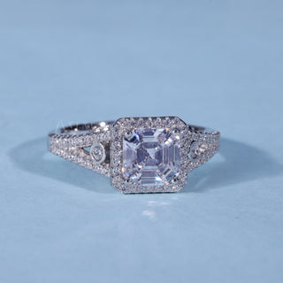 Asscher Cut Moissanite Split Shank Halo Engagement Ring front view