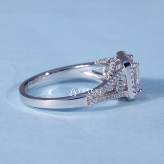 Side profile of Asscher Cut Moissanite Split Shank Halo Engagement Ring