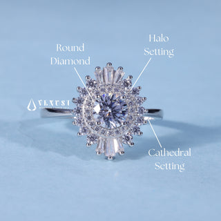 Round Cut Moissanite Halo Cluster Engagement Ring with Pave setting and band details