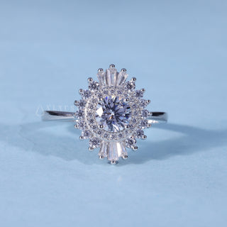Round Cut Moissanite Halo Cluster Engagement Ring with Pave front view