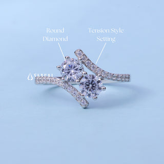 Round Cut Moissanite Tension Two Stone Engagement Ring with centre stone measurement details