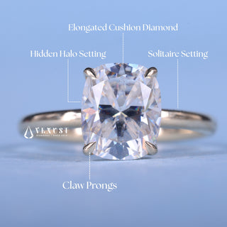 Brilliant 1.50ct cushion hidden halo moissanite ring close up of the setting