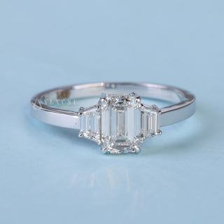 Elegant 1.0ct emerald three stone moissanite ring front view