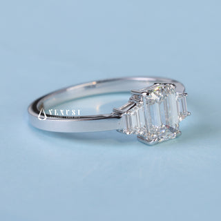 Elegant 1.0ct emerald three stone moissanite ring side profile view