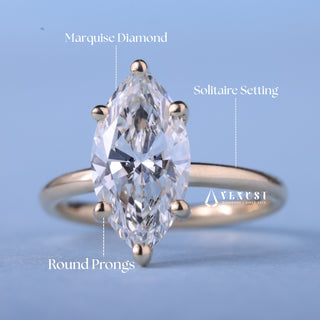 Lustrous 1.50ct marquise solitaire moissanite ring close up of the setting