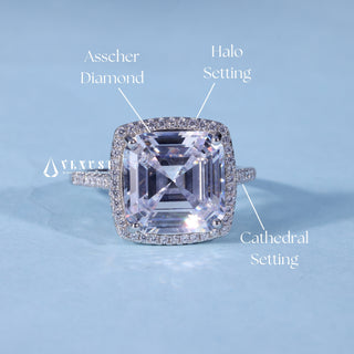Moissanite Asscher Cut Engagement Ring with Halo Pave Band setting and band details