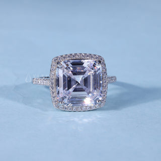 Moissanite Asscher Cut Engagement Ring with Halo Pave Band front view