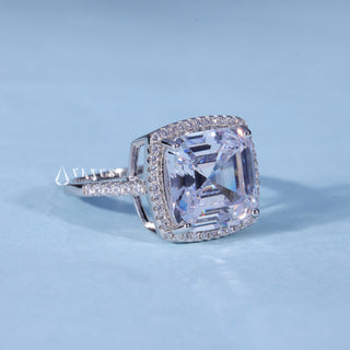 Side profile of Moissanite Asscher Cut Engagement Ring with Halo Pave Band
