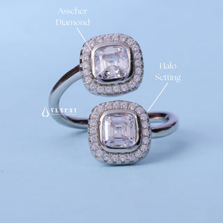 Bezel Set Halo Asscher Cut Moissanite Ring with centre stone measurement details