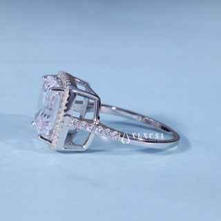 Angled view of Moissanite Asscher Cut Engagement Ring with Halo Pave Band