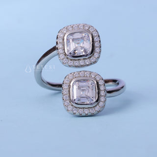 Bezel Set Halo Asscher Cut Moissanite Ring front view with upright centre stone
