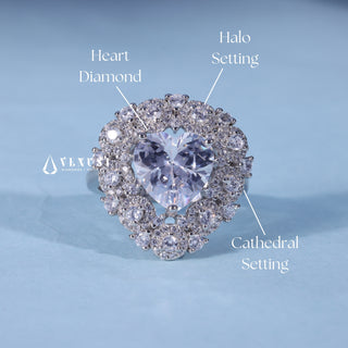 Heart Shaped Moissanite Engagement Ring with Pave Halo setting and band details