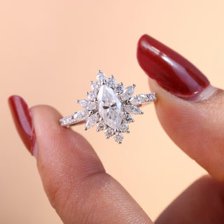 1.0ct Marquise Cut Cluster Halo Diamond Moissanite Vintage Style Engagement Rings Couple