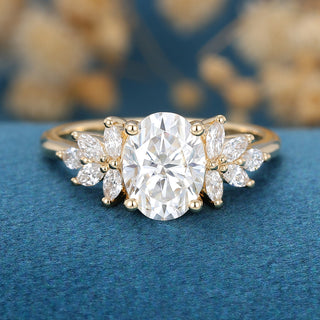 1.33 CT Oval Cut Cluster Dainty Moissanite Engagement Ring front view