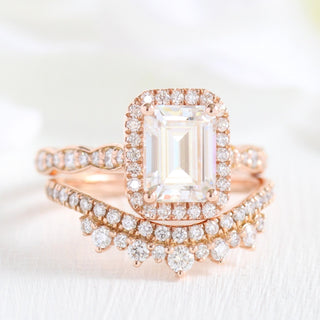 Modern 1.60ct emerald halo moissanite ring angled view showing its sparkle