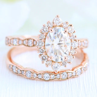 1.50CT Oval Cut  Moissanite Halo Pave Bridal Engagement Ring Set