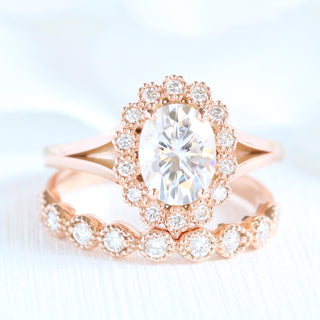 Shimmering 1.50ct oval halo moissanite ring angled view showing its sparkle