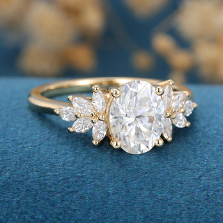 1.33 CT Oval Cut Cluster Dainty Moissanite Engagement Ring close up