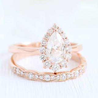 Radiant 1.0ct pear halo moissanite ring angled view showing its sparkle