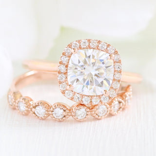 Delicate 2.30ct cushion halo moissanite ring angled view showing its sparkle