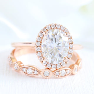 2.0CT Oval Solitaire Halo Moissanite Diamond Bridal Ring Set