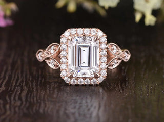 Modern 1.0ct emerald halo moissanite ring front view