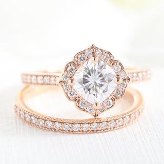 1.0CT Floral Cushion Cut Moissanite Halo Bridal Engagement Ring Set