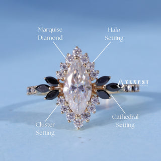 Marquise Cut Moissanite Vintage Cluster Engagement Ring with centre stone measurement details