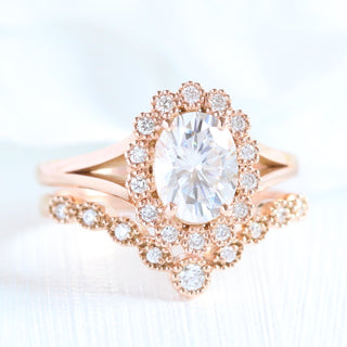 Gorgeous 1.50ct oval halo moissanite ring angled view showing its sparkle