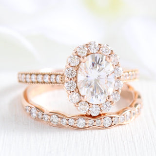Luminous 1.50ct oval halo moissanite ring angled view showing its sparkle