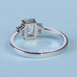 Elegant 1.0ct emerald three stone moissanite ring three quarter angled view