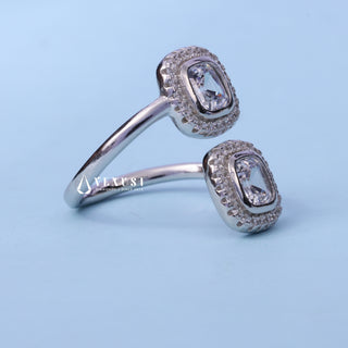 Front standing view of the Bezel Set Halo Asscher Cut Moissanite Ring showing the prong setting