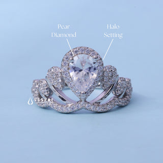 Halo Cluster Pear Cut Moissanite Engagement Ring with centre stone measurement details